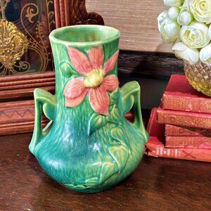 Roseville Pottery Clematis Double Handled Vase 106-7 Pink Green 7.5 Inch Vintage